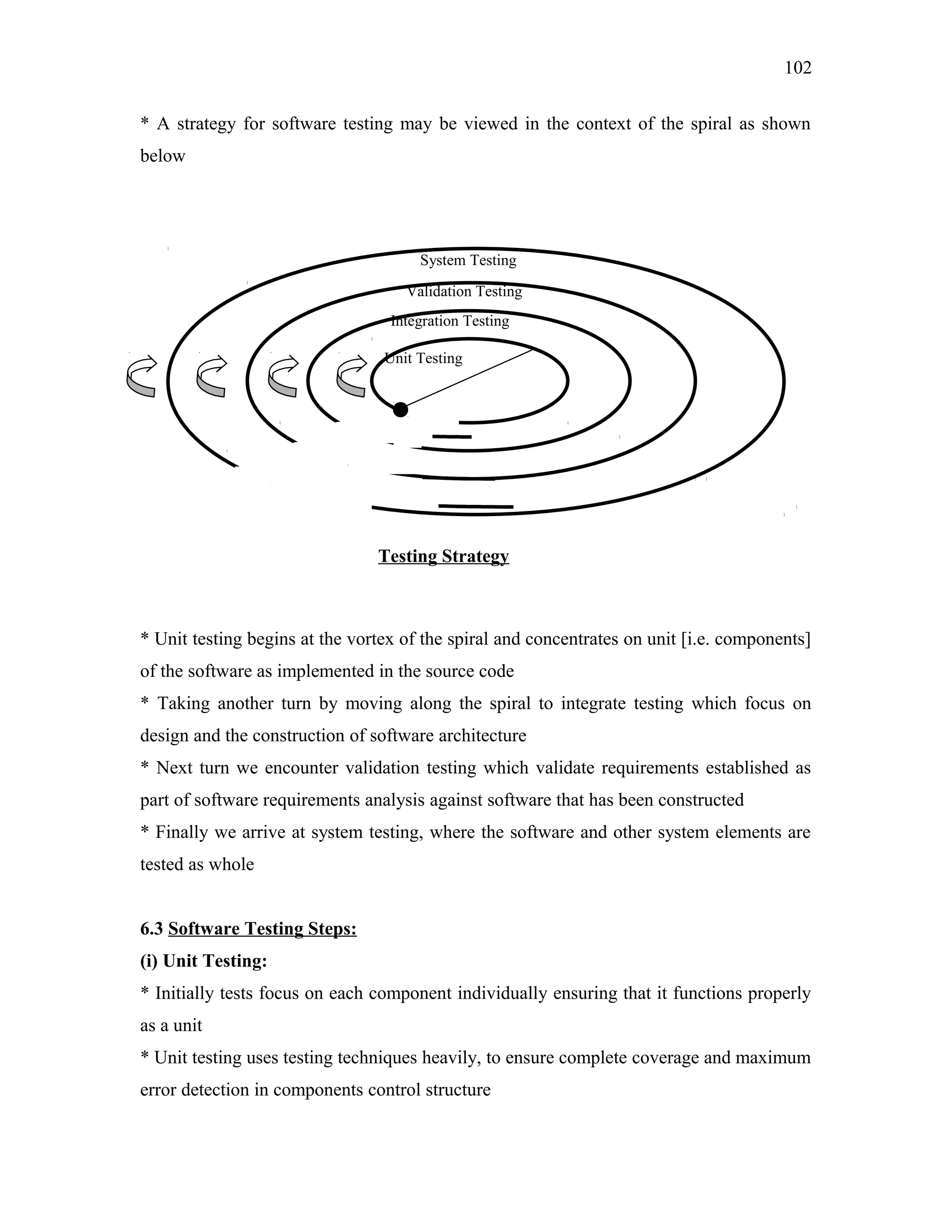 102
* A strategy for software testing may be viewed in the context of the spiral as shown
below

System Testing
Validation Testing
Integration Testing
Unit Testing

Testing Strategy

* Unit testing begins at the vortex of the spiral and concentrates on unit [i.e. components]
of the software as implemented in the source code
* Taking another turn by moving along the spiral to integrate testing which focus on
design and the construction of software architecture
* Next turn we encounter validation testing which validate requirements established as
part of software requirements analysis against software that has been constructed
* Finally we arrive at system testing, where the software and other system elements are
tested as whole
6.3 Software Testing Steps:
(i) Unit Testing:
* Initially tests focus on each component individually ensuring that it functions properly
as a unit
* Unit testing uses testing techniques heavily, to ensure complete coverage and maximum
error detection in components control structure

 