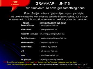 1717
 Next pageNext page
FCE
by Matifmarin GRAMMAR – UNIT 6GRAMMAR – UNIT 6
THE CAUSATIVE: To have/get something done
Fo...