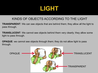 KINDS OF OBJECTS ACCORDING TO THE LIGHT
TRANSPARENT: We can see objects that are behind them; they allow all the light to
pass through.
TRANSLUCENT: We cannot see objects behind them very clearly; they allow some
light to pass through.
OPAQUE: we cannot see objects through them; they do not allow light to pass
through.
TRANSLUCENT
TRANSPARENT
OPAQUE
 