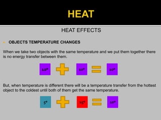 HEAT EFFECTS
 OBJECTS TEMPERATURE CHANGES
When we take two objects with the same temperature and we put them together there
is no energy transfer between them.
But, when temperature is different there will be a temperature transfer from the hottest
object to the coldest until both of them get the same temperature.
10º 10º 10º
5º 15º 10º
 