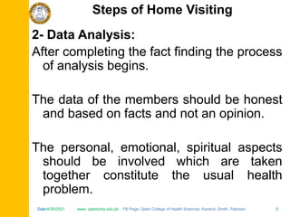 Date:6/30/2021 www. qadricohs.edu.pk FB Page: Qadri College of Health Sciences, Karachi, Sindh, Pakistan. 8
Date:6/30/2021 www. qadricohs.edu.pk FB Page: Qadri College of Health Sciences, Karachi, Sindh, Pakistan. 8
2- Data Analysis:
After completing the fact finding the process
of analysis begins.
The data of the members should be honest
and based on facts and not an opinion.
The personal, emotional, spiritual aspects
should be involved which are taken
together constitute the usual health
problem.
Steps of Home Visiting
 