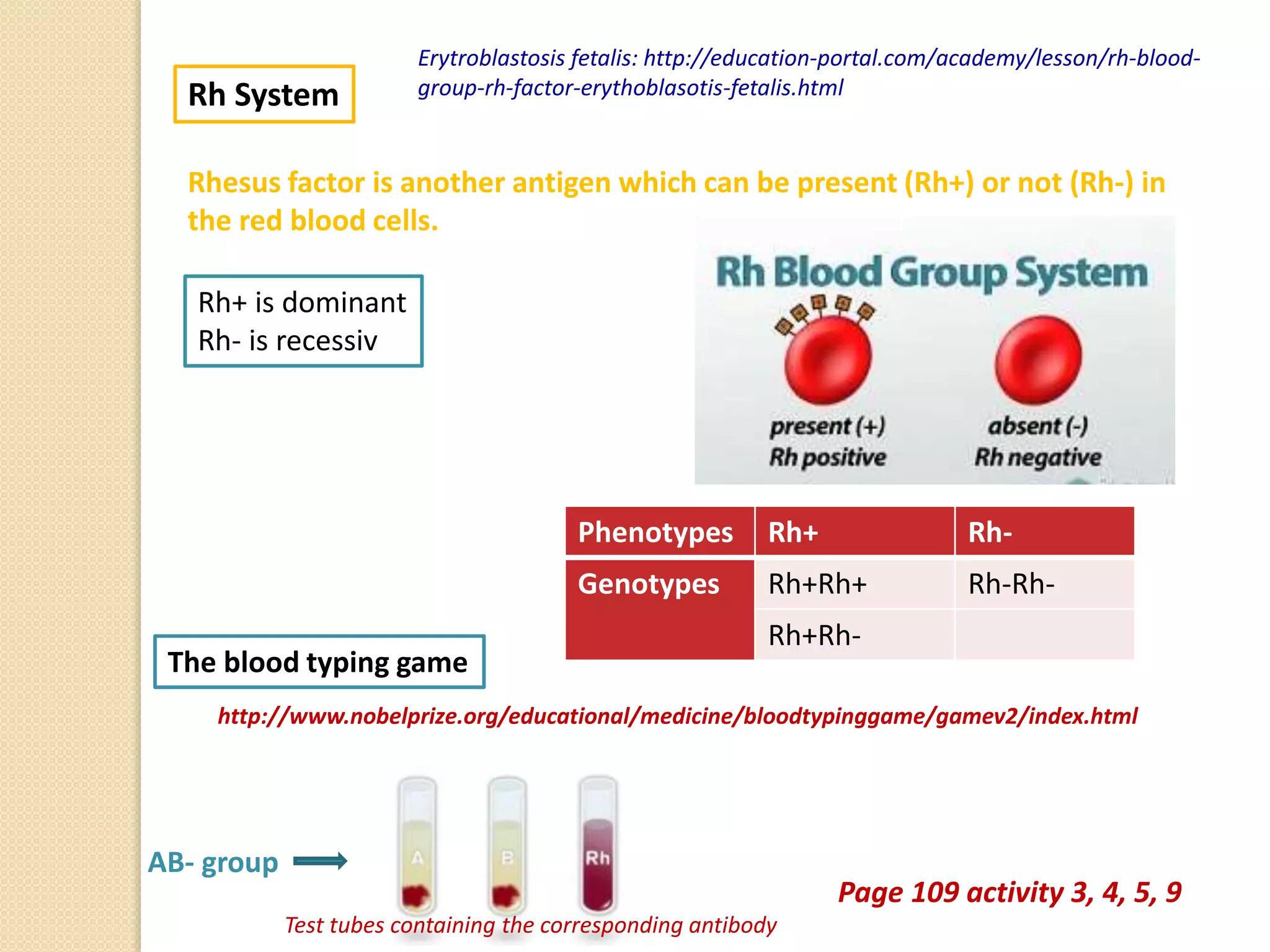Rh System
Rhesus factor is another antigen which can be present (Rh+) or not (Rh-) in
the red blood cells.
Rh+ is dominant
Rh- is recessiv
http://www.nobelprize.org/educational/medicine/bloodtypinggame/gamev2/index.html
Page 109 activity 3, 4, 5, 9
Phenotypes Rh+ Rh-
Genotypes Rh+Rh+ Rh-Rh-
Rh+Rh-
Erytroblastosis fetalis: http://education-portal.com/academy/lesson/rh-blood-
group-rh-factor-erythoblasotis-fetalis.html
AB- group
Test tubes containing the corresponding antibody
The blood typing game
 