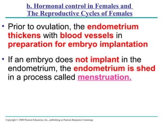 Copyright © 2008 Pearson Education, Inc., publishing as Pearson Benjamin Cummings
b. Hormonal control in Females and
The Reproductive Cycles of Females
• Prior to ovulation, the endometrium
thickens with blood vessels in
preparation for embryo implantation
• If an embryo does not implant in the
endometrium, the endometrium is shed
in a process called menstruation.
 