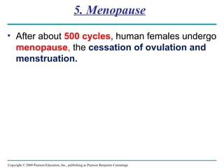 Copyright © 2008 Pearson Education, Inc., publishing as Pearson Benjamin Cummings
5. Menopause
• After about 500 cycles, human females undergo
menopause, the cessation of ovulation and
menstruation.
 