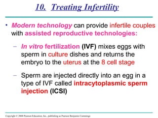 Copyright © 2008 Pearson Education, Inc., publishing as Pearson Benjamin Cummings
10. Treating Infertility
• Modern technology can provide infertile couples
with assisted reproductive technologies:
– In vitro fertilization (IVF) mixes eggs with
sperm in culture dishes and returns the
embryo to the uterus at the 8 cell stage
– Sperm are injected directly into an egg in a
type of IVF called intracytoplasmic sperm
injection (ICSI)
 