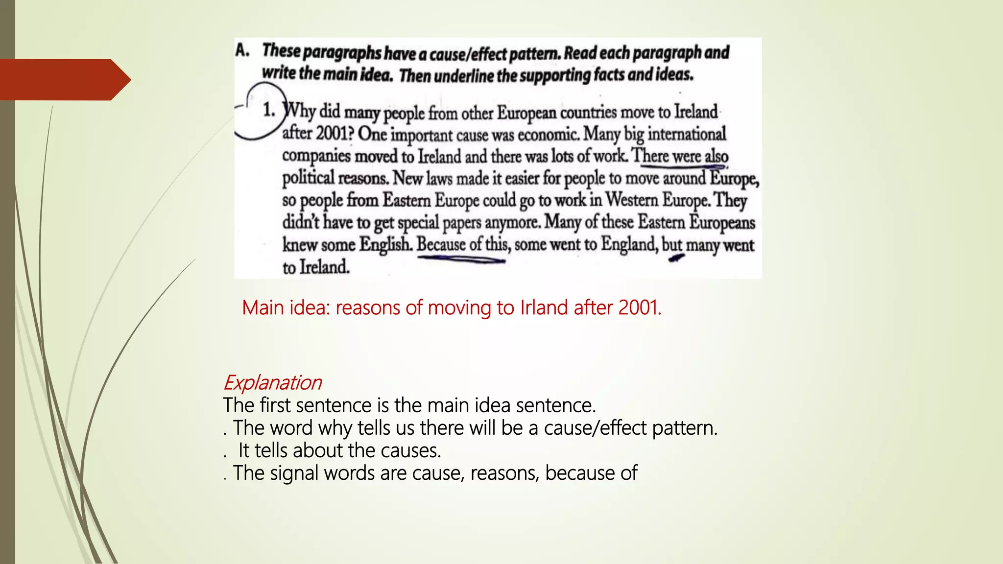 Main idea: reasons of moving to Irland after 2001.
Explanation
The first sentence is the main idea sentence.
. The word why tells us there will be a cause/effect pattern.
. It tells about the causes.
. The signal words are cause, reasons, because of
 