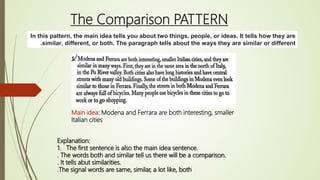 The Comparison PATTERN
In this pattern, the main idea tells you about two things, people, or ideas. It tells how they are
similar, different, or both. The paragraph tells about the ways they are similar or different.
Explanation:
1. The first sentence is also the main idea sentence.
. The words both and similar tell us there will be a comparison.
. It tells abut similarities.
.The signal words are same, similar, a lot like, both
Main idea: Modena and Ferrara are both interesting, smaller
Italian cities
 