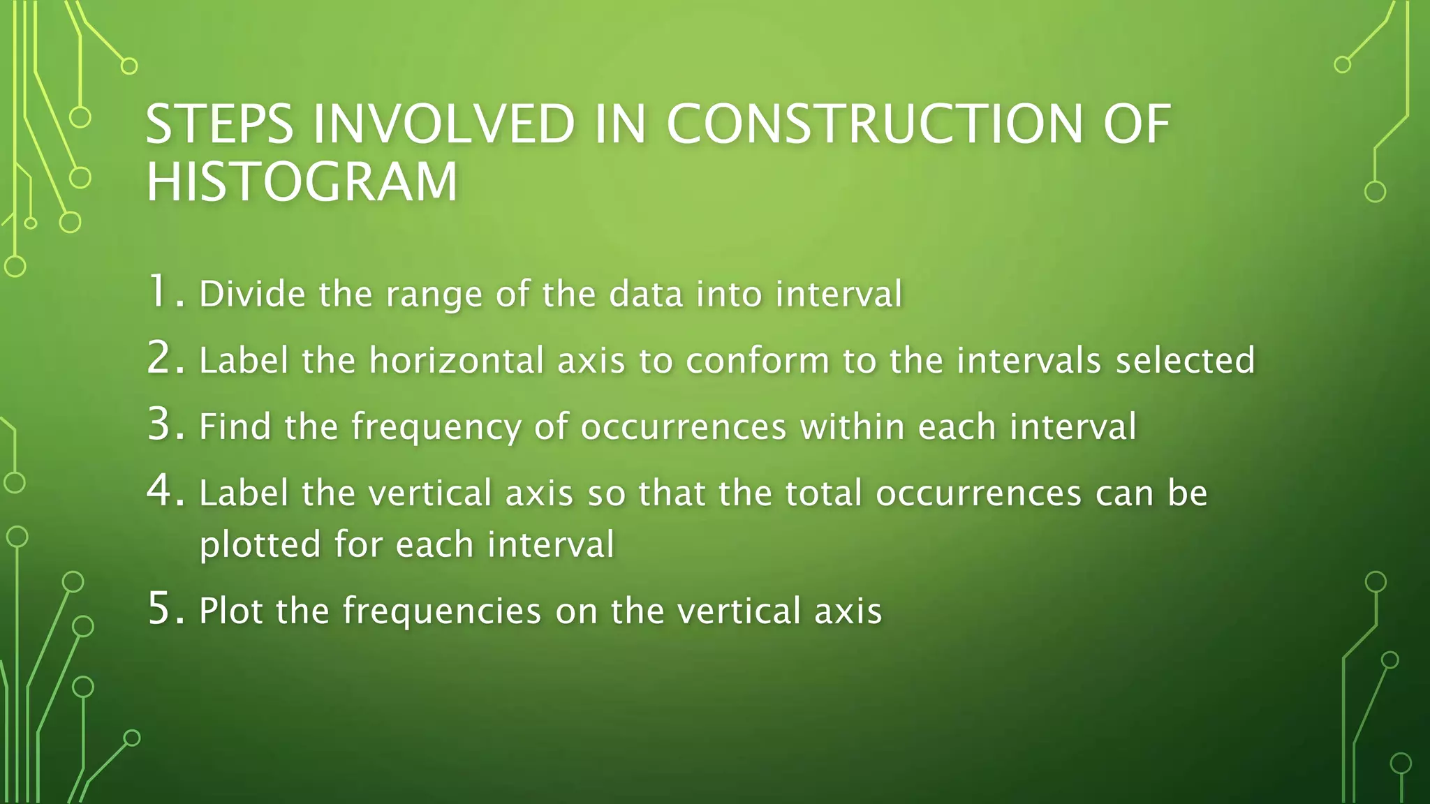 STEPS INVOLVED IN CONSTRUCTION OF
HISTOGRAM
1. Divide the range of the data into interval
2. Label the horizontal axis to conform to the intervals selected
3. Find the frequency of occurrences within each interval
4. Label the vertical axis so that the total occurrences can be
plotted for each interval
5. Plot the frequencies on the vertical axis
 
