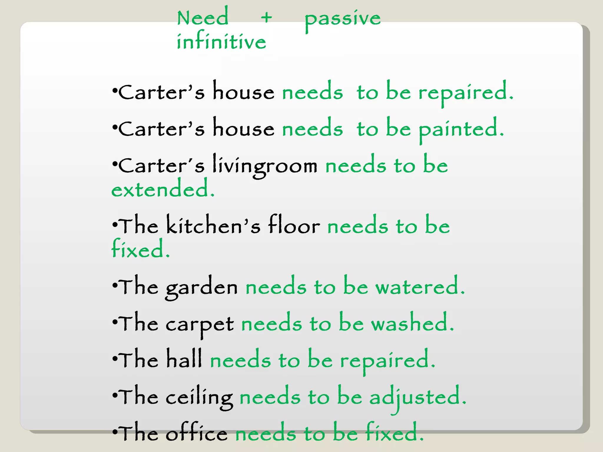 Need  +  passive infinitive Carter’s house  needs  to be repaired. Carter’s house  needs  to be painted. Carter´s livingroom  needs to be extended. The kitchen’s floor  needs to be fixed. The garden  needs to be watered. The carpet  needs to be washed. The hall  needs to be repaired. The ceiling  needs to be adjusted. The office  needs to be fixed. 