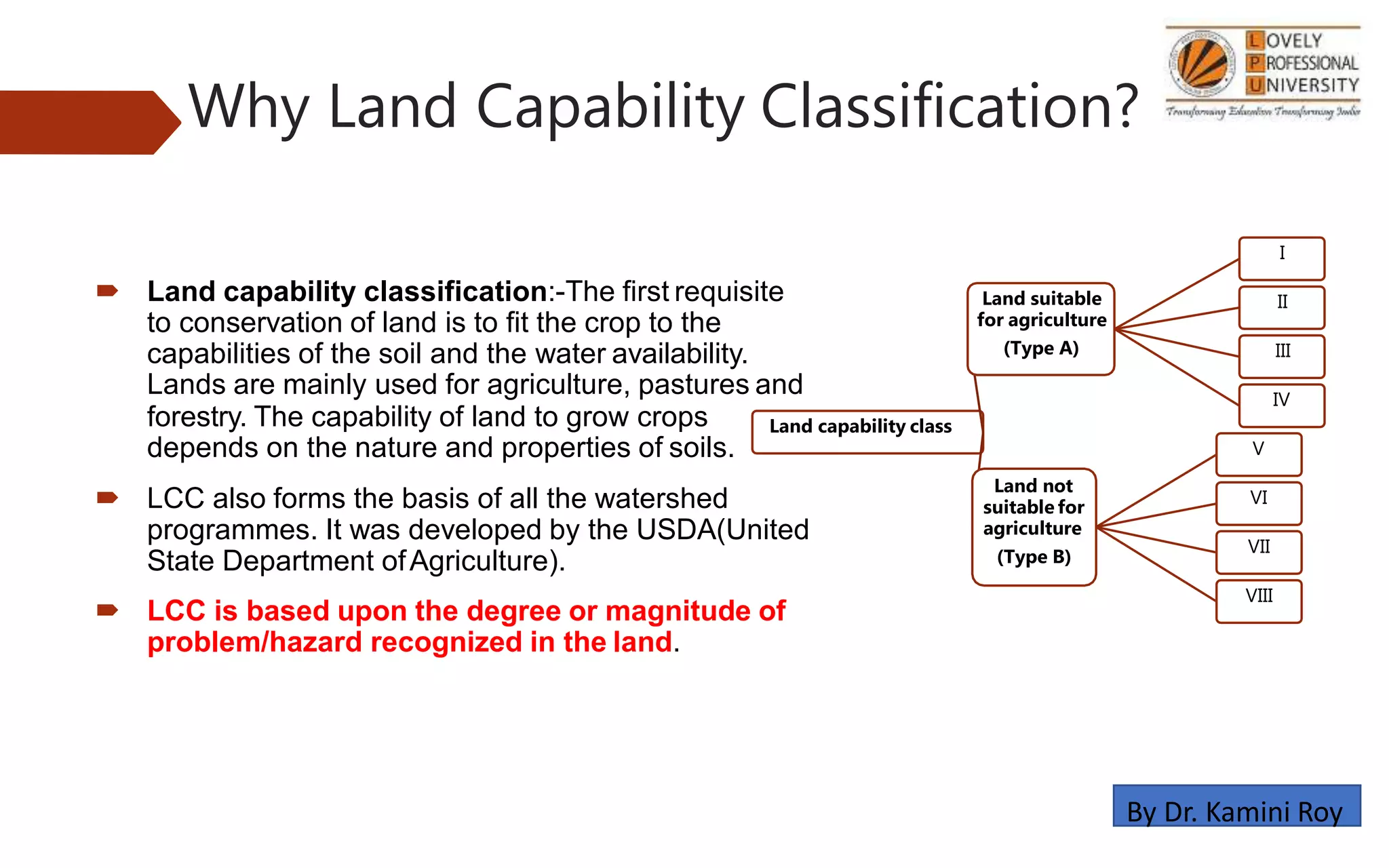 Why Land Capability Classification?
 Land capability classification:-The first requisite
to conservation of land is to fit the crop to the
capabilities of the soil and the water availability.
Lands are mainly used for agriculture, pastures and
forestry. The capability of land to grow crops
depends on the nature and properties of soils.
 LCC also forms the basis of all the watershed
programmes. It was developed by the USDA(United
State Department ofAgriculture).
 LCC is based upon the degree or magnitude of
problem/hazard recognized in the land.
Land capability class
Land suitable
for agriculture
(Type A)
I
II
III
IV
Land not
suitable for
agriculture
(Type B)
V
VI
VII
VIII
By Dr. Kamini Roy
 