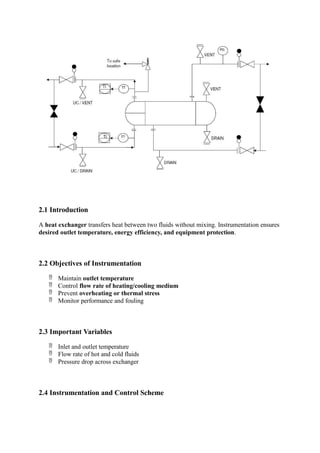 2.1 Introduction
A heat exchanger transfers heat between two fluids without mixing. Instrumentation ensures
desired outlet temperature, energy efficiency, and equipment protection.
2.2 Objectives of Instrumentation
 Maintain outlet temperature
 Control flow rate of heating/cooling medium
 Prevent overheating or thermal stress
 Monitor performance and fouling
2.3 Important Variables
 Inlet and outlet temperature
 Flow rate of hot and cold fluids
 Pressure drop across exchanger
2.4 Instrumentation and Control Scheme
 
