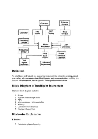 Definition
An intelligent instrument is a measuring instrument that integrates sensing, signal
processing, microprocessor-based intelligence, and communication, enabling it to
perform self-calibration, self-diagnosis, and digital communication.
Block Diagram of Intelligent Instrument
The basic block diagram includes:
1. Sensor
2. Signal Conditioning Circuit
3. ADC
4. Microprocessor / Microcontroller
5. Memory
6. Communication Interface
7. Display / Output Unit
Block-wise Explanation
8. Sensor
 Detects the physical quantity.
 