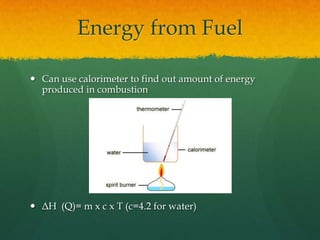 Energy from FuelCan use calorimeter to find out amount of energy produced in combustionΔH  (Q)= m x c x T (c=4.2 for water)