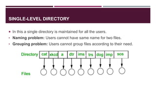 SINGLE-LEVEL DIRECTORY
 In this a single directory is maintained for all the users.
• Naming problem: Users cannot have same name for two files.
• Grouping problem: Users cannot group files according to their need.
 