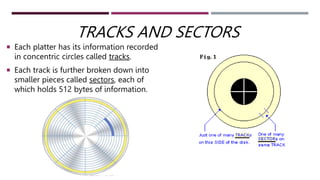 TRACKS AND SECTORS
 Each platter has its information recorded
in concentric circles called tracks.
 Each track is further broken down into
smaller pieces called sectors, each of
which holds 512 bytes of information.
 