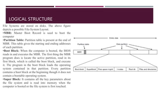 LOGICAL STRUCTURE
File Systems are stored on disks. The above figure
depicts a possible File-System Layout.
•MBR: Master Boot Record is used to boot the
computer
•Partition Table: Partition table is present at the end of
MBR. This table gives the starting and ending addresses
of each partition.
•Boot Block: When the computer is booted, the BIOS
reads in and executes the MBR. The first thing the MBR
program does is locate the active partition, read in its
first block, which is called the boot block, and execute
it. The program in the boot block loads the operating
system contained in that partition. Every partition
contains a boot block at the beginning though it does not
contain a bootable operating system.
•Super Block: It contains all the key parameters about
the file system and is read into memory when the
computer is booted or the file system is first touched.
 