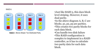 RAID 6
•Just like RAID 5, this does block
level striping. However, it uses
dual parity.
•In the above diagram A, B, C are
blocks. p1, p2, p3 are parities.
•This creates two parity blocks for
each data block.
•Can handle two disk failure
•This RAID configuration is
complex to implement in a RAID
controller, as it has to calculate
two parity data for each data
block.
 