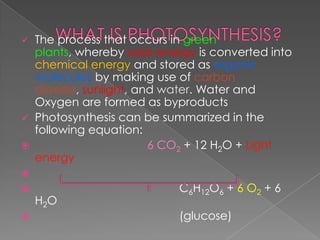    The process that occurs in green
    plants, whereby solar energy is converted into
    chemical energy and stored as organic
    molecules by making use of carbon
    dioxide, sunlight, and water. Water and
    Oxygen are formed as byproducts
   Photosynthesis can be summarized in the
    following equation:
                        6 CO2 + 12 H2O + Light
    energy

                            C6H12O6 + 6 O2 + 6
    H2O
                            (glucose)
 