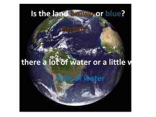 Is the land brown or blue?
              Brown


Is there a lot of water or a little water?
            A lot of water
 