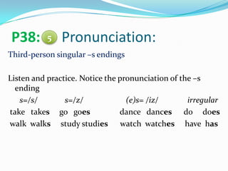 P38: Pronunciation:
Third-person singular –s endings
Listen and practice. Notice the pronunciation of the –s
ending
s=/s/ s=/z/ (e)s= /iz/ irregular
take takes go goes dance dances do does
walk walks study studies watch watches have has
5
 