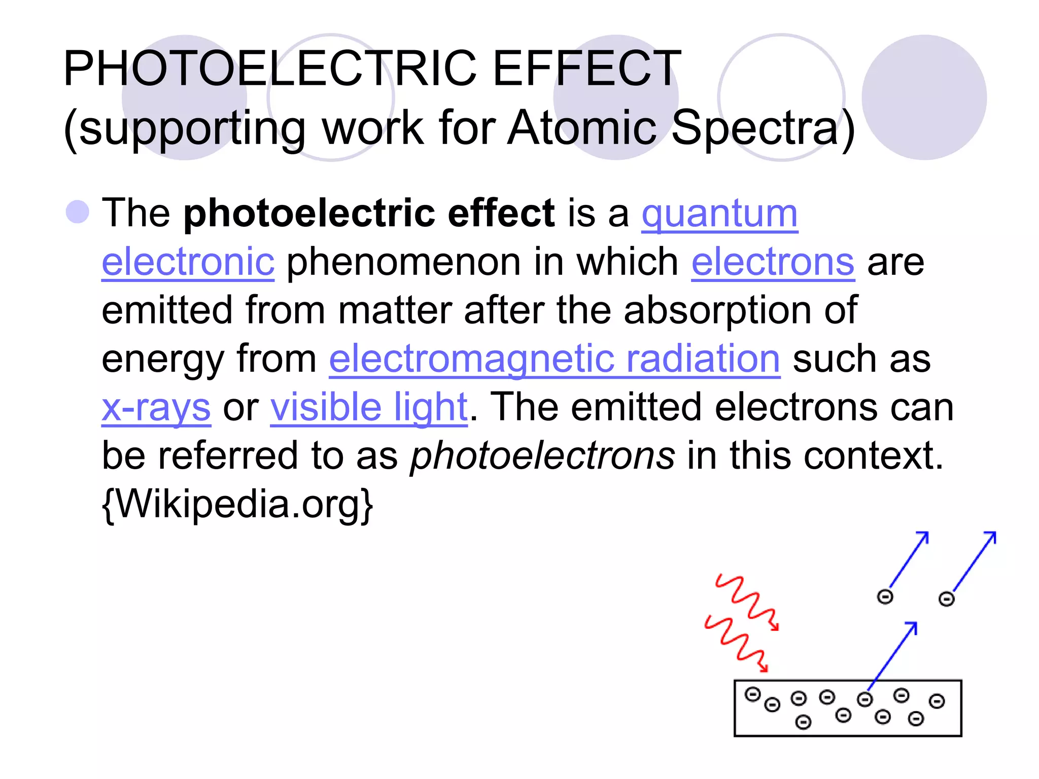 PHOTOELECTRIC EFFECT
(supporting work for Atomic Spectra)
 The photoelectric effect is a quantum
electronic phenomenon in which electrons are
emitted from matter after the absorption of
energy from electromagnetic radiation such as
x-rays or visible light. The emitted electrons can
be referred to as photoelectrons in this context.
{Wikipedia.org}
 