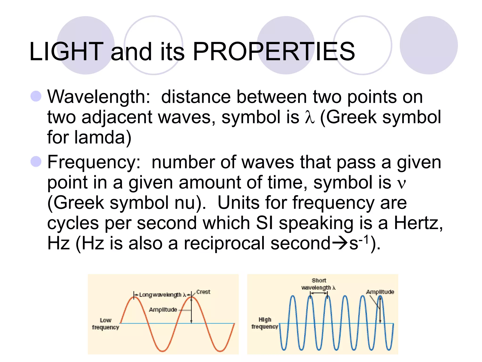 LIGHT and its PROPERTIES
 Wavelength: distance between two points on
two adjacent waves, symbol is l (Greek symbol
for lamda)
 Frequency: number of waves that pass a given
point in a given amount of time, symbol is n
(Greek symbol nu). Units for frequency are
cycles per second which SI speaking is a Hertz,
Hz (Hz is also a reciprocal seconds-1).
 