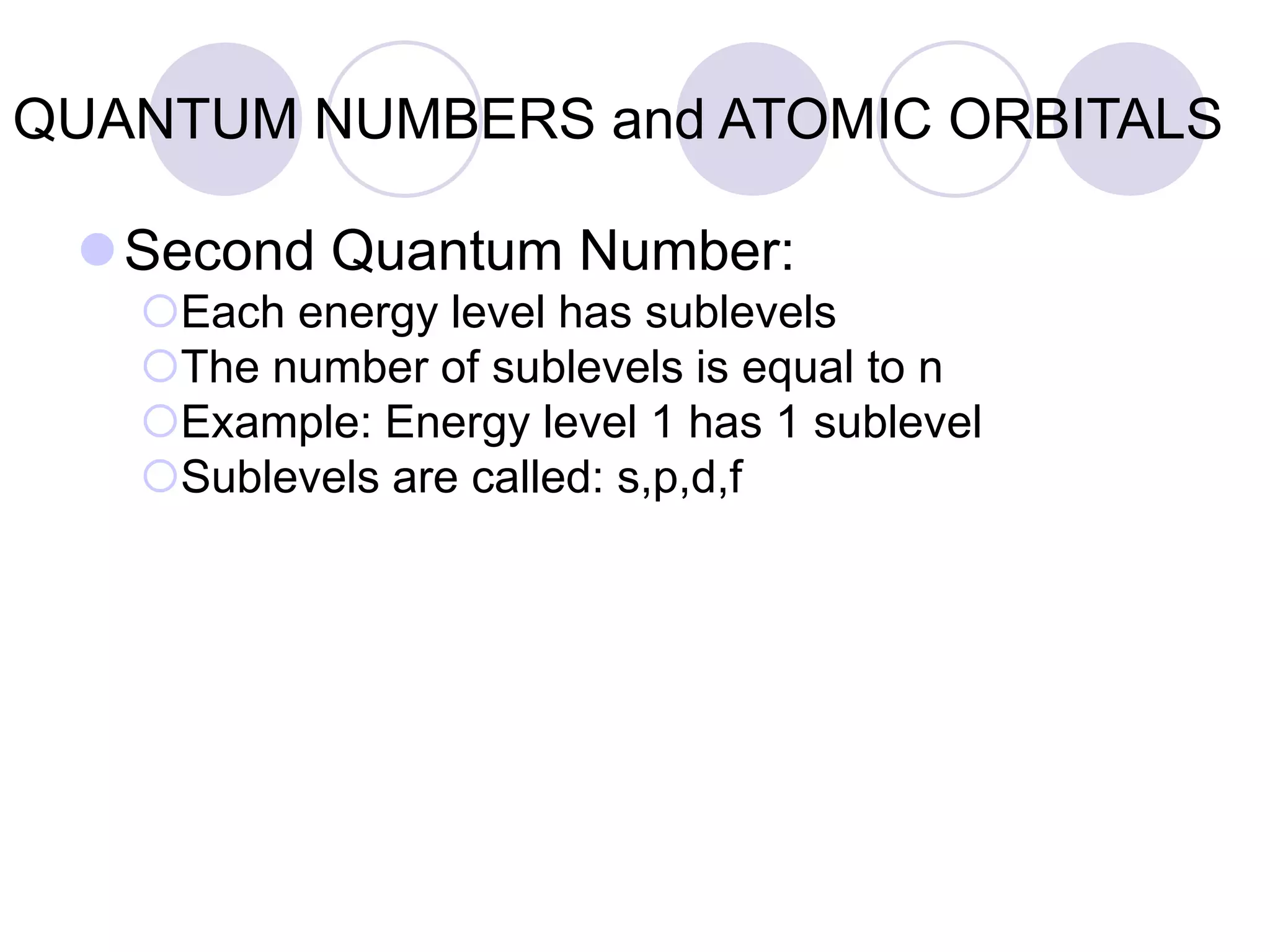 QUANTUM NUMBERS and ATOMIC ORBITALS
Second Quantum Number:
Each energy level has sublevels
The number of sublevels is equal to n
Example: Energy level 1 has 1 sublevel
Sublevels are called: s,p,d,f
 