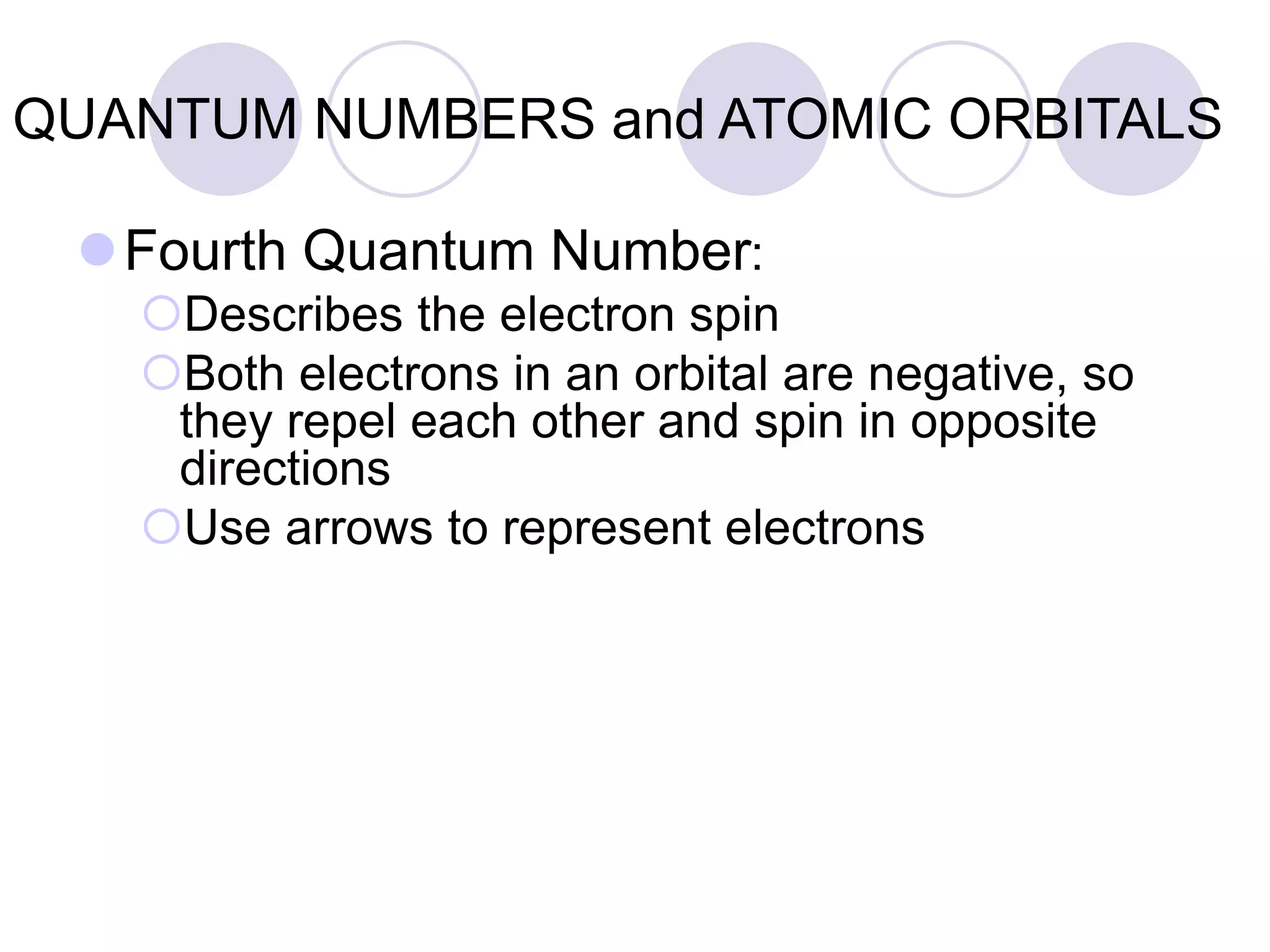 QUANTUM NUMBERS and ATOMIC ORBITALS
Fourth Quantum Number:
Describes the electron spin
Both electrons in an orbital are negative, so
they repel each other and spin in opposite
directions
Use arrows to represent electrons
 