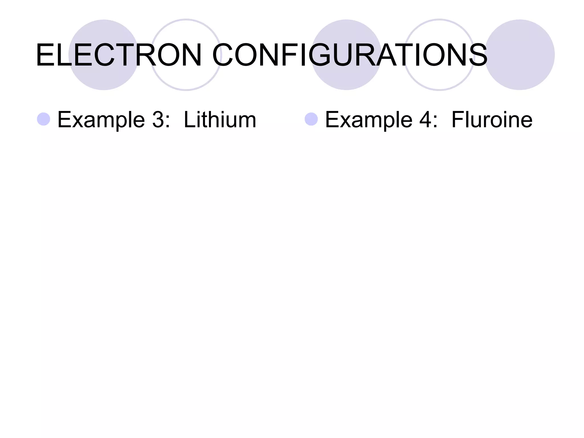ELECTRON CONFIGURATIONS
 Example 3: Lithium  Example 4: Fluroine
 