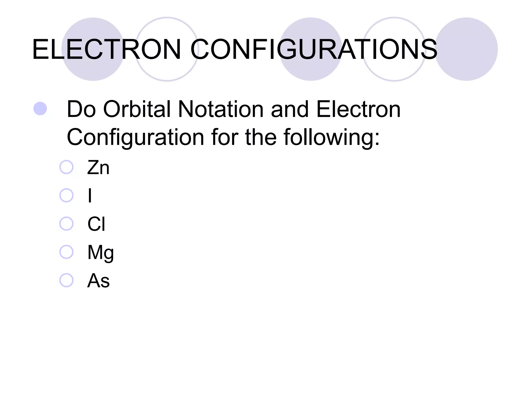 ELECTRON CONFIGURATIONS
 Do Orbital Notation and Electron
Configuration for the following:
 Zn
 I
 Cl
 Mg
 As
 