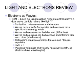 LIGHT AND ELECTRONS REVIEW
 Electrons as Waves:
1924 – Louis de Broglie asked “Could electrons have a
dual wave particle nature like light?”
Similarities between waves and electrons
Waves have specific frequencies and electrons have
specific orbits/energy levels
Waves and electrons can both be bent (diffraction)
Waves and electrons can both overlap and interfere with
each other (interference)
DeBroglie’s equation combines Einstein and Planck’s
equations
mv/l = h
(Anything with mass and velocity has a wavelength, so
electrons have wavelengths)
 
