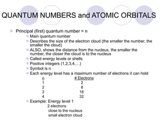 QUANTUM NUMBERS and ATOMIC ORBITALS
 Principal (first) quantum number = n
 Main quantum number
 Describes the size of the electron cloud (the smaller the number, the
smaller the cloud)
 ALSO, shows the distance from the nucleus, the smaller the
number, the closer the cloud is to the nucleus
 Called energy levels or shells
 Positive integers (1,2,3,4,…)
 Symbol is n
 Each energy level has a maximum number of electrons it can hold
n # Electrons
1 2
2 8
3 18
4 32
 Example: Energy level 1
2 electrons
close to the nucleus
small electron cloud
 