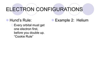 ELECTRON CONFIGURATIONS
 Hund’s Rule:
Every orbital must get
one electron first,
before you double up.
“Cookie Rule”
 Example 2: Helium
 