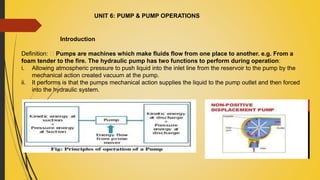 UNIT 6: PUMP & PUMP OPERATIONS
Introduction
Definition: Pumps are machines which make fluids flow from one place to another. e.g. From a
foam tender to the fire. The hydraulic pump has two functions to perform during operation:
i. Allowing atmospheric pressure to push liquid into the inlet line from the reservoir to the pump by the
mechanical action created vacuum at the pump.
ii. It performs is that the pumps mechanical action supplies the liquid to the pump outlet and then forced
into the hydraulic system.
 