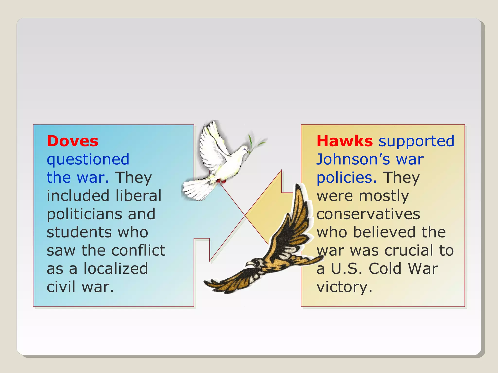 Doves              Hawks supported
questioned         Johnson’s war
the war. They      policies. They
included liberal   were mostly
politicians and    conservatives
students who       who believed the
saw the conflict   war was crucial to
as a localized     a U.S. Cold War
civil war.         victory.
 
