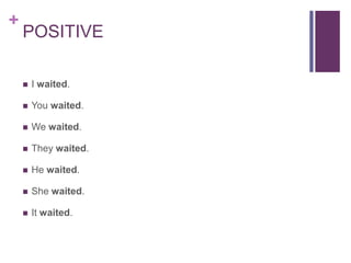 + 
POSITIVE 
 I waited. 
 You waited. 
 We waited. 
 They waited. 
 He waited. 
 She waited. 
 It waited. 
 