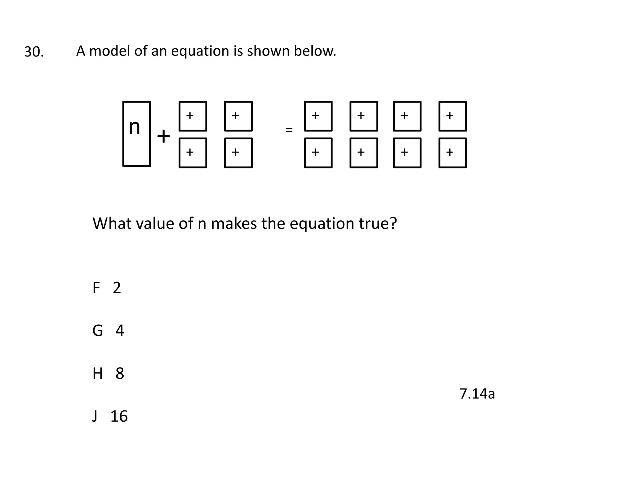30.   A model of an equation is shown below.


                      +     +           +      +   +   +
              n +                   =
                      +     +           +      +   +   +



        What value of n makes the equation true?


        F 2

        G 4

        H 8
                                                           7.14a
        J 16
 