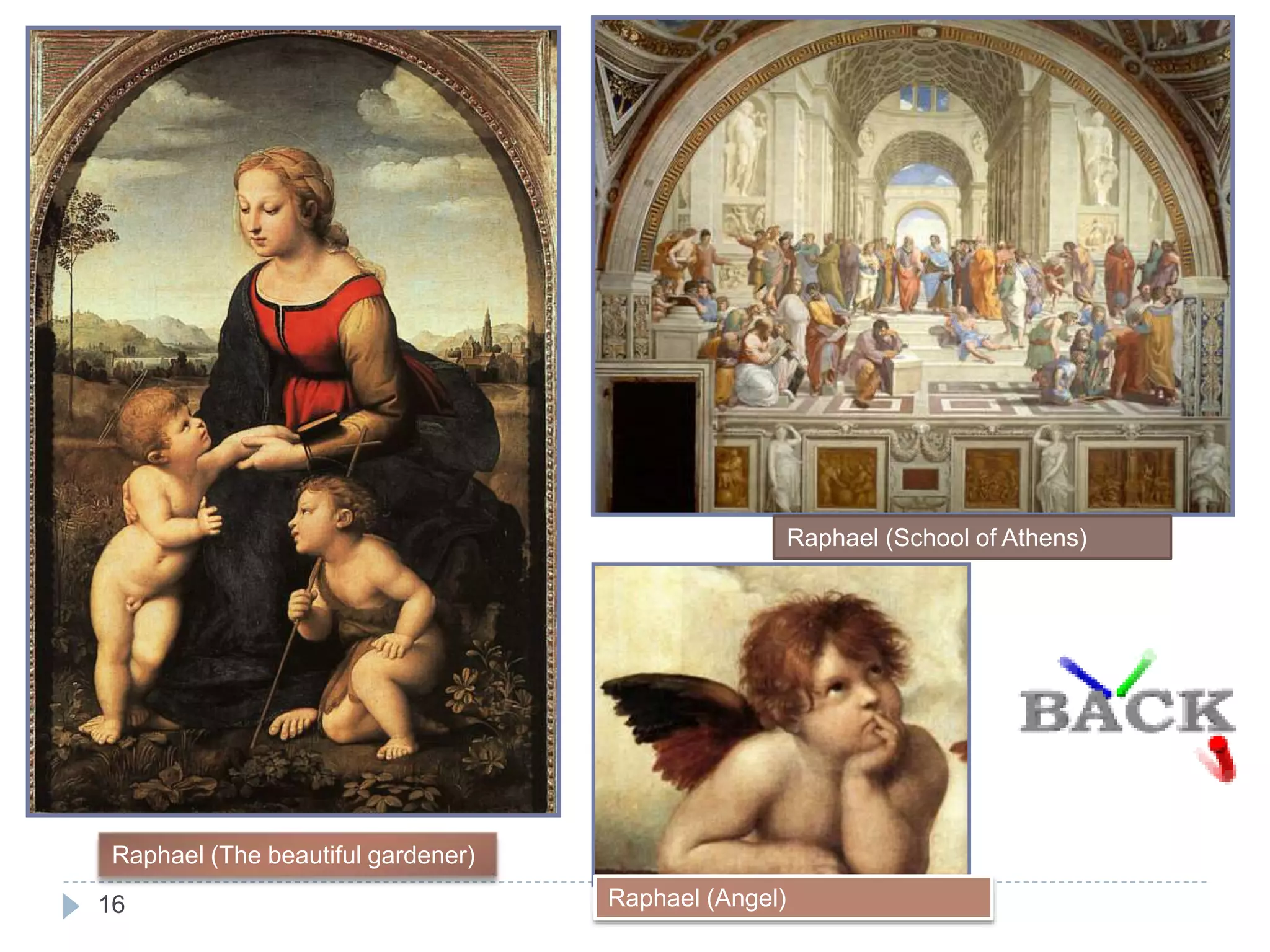 16
Raphael (The beautiful gardener)
Raphael (School of Athens)
Raphael (Angel)
 