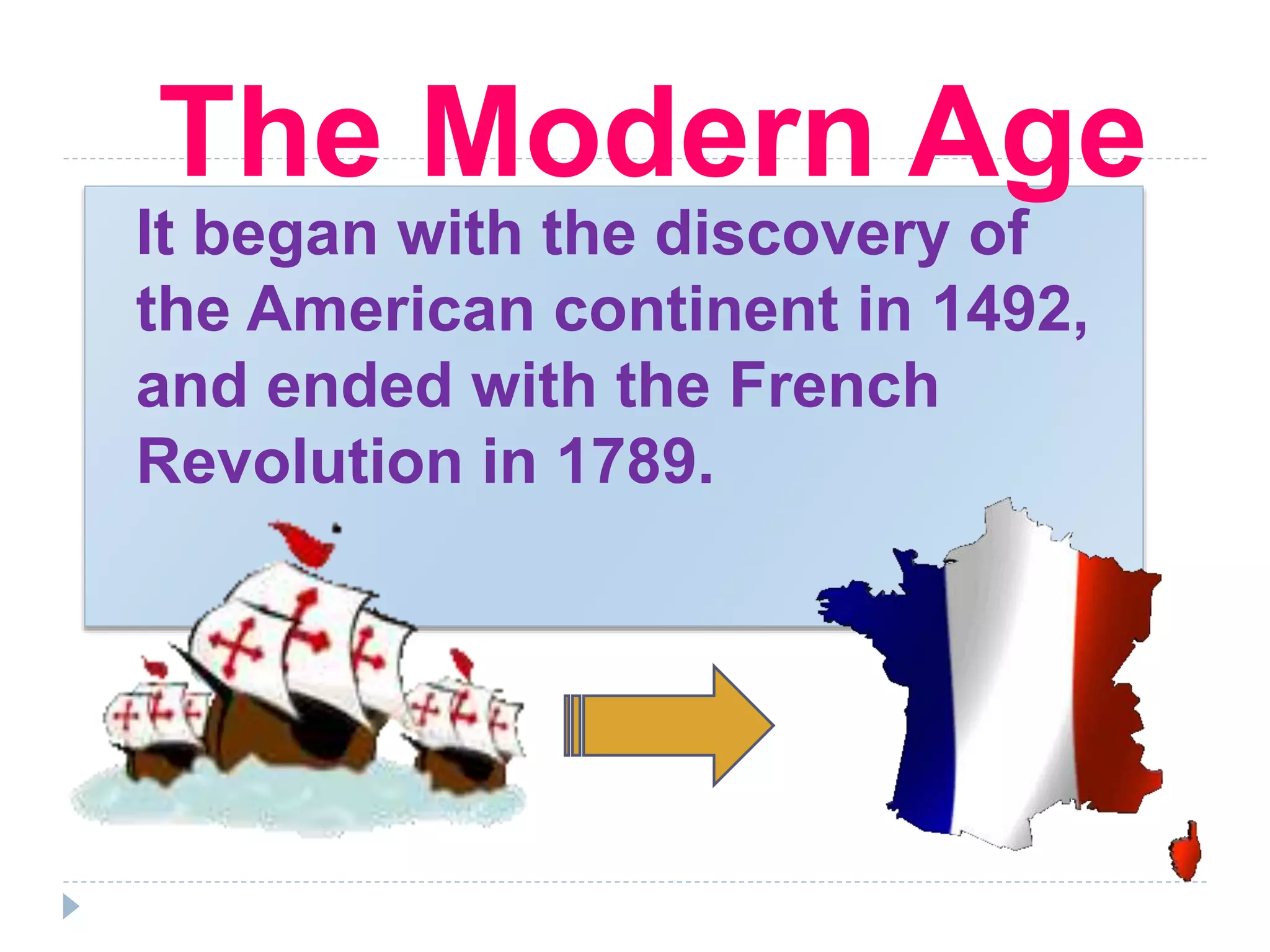 It began with the discovery of
the American continent in 1492,
and ended with the French
Revolution in 1789.
The Modern Age
 