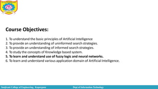 Course Objectives:
1. To understand the basic principles of Artificial Intelligence
2. To provide an understanding of uninformed search strategies.
3. To provide an understanding of informed search strategies.
4. To study the concepts of Knowledge based system.
5. To learn and understand use of fuzzy logic and neural networks.
6. To learn and understand various application domain of Artificial Intelligence.
Sanjivani College of Engineering, Kopargaon Dept of Information Technology
 