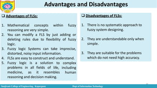 Advantages and Disadvantages
44
to complex
life, including
human
Sanjivani College of Engineering, Kopargaon Dept of Information Technology
 Advantages of FLSs:
1. Mathematical concepts within fuzzy
reasoning are very simple.
2. You can modify a FLS by just adding or
deleting rules due to flexibility of fuzzy
logic.
3. Fuzzy logic Systems can take imprecise,
distorted, noisy input information.
4. FLSs are easy to construct and understand.
5. Fuzzy logic is a solution
problems in all fields of
medicine, as it resembles
reasoning and decision making.
 Disadvantages of FLSs:
1. There is no systematic approach to
fuzzy system designing.
2. They are understandable only when
simple.
3. They are suitable for the problems
which do not need high accuracy.
 