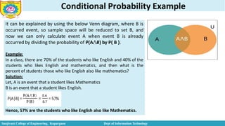Conditional Probability Example
It can be explained by using the below Venn diagram, where B is
occurred event, so sample space will be reduced to set B, and
now we can only calculate event A when event B is already
occurred by dividing the probability of P(A⋀B) by P( B ).
Example:
In a class, there are 70% of the students who like English and 40% of the
students who likes English and mathematics, and then what is the
percent of students those who like English also like mathematics?
Solution:
Let, A is an event that a student likes Mathematics
B is an event that a student likes English.
Hence, 57% are the students who like English also like Mathematics.
Sanjivani College of Engineering, Kopargaon Dept of Information Technology
 
