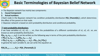 Basic Terminologies of Bayesian Belief Network
 The Bayesian network has mainly two components:
1. Causal Component
2. Actual numbers
Each node in the Bayesian network has condition probability distribution P(Xi |Parent(Xi) ), which determines
the effect of the parent on that node.
 Bayesian network is based on Joint probability distribution and conditional probability.
 Joint probability distribution:
If we have variables x1, x2, x3,....., xn, then the probabilities of a different combination of x1, x2, x3.. xn, are
known as Joint probability distribution.
P[x1, x2, x3,....., xn], it can be written as the following way in terms of the joint probability distribution.
= P[x1| x2, x3,....., xn]P[x2, x3,....., xn]
= P[x1| x2, x3,....., xn]P[x2|x3,....., xn]....P[xn-1|xn] P[xn].
In general for each variable Xi, we can write the equation as:
P(Xi|Xi-1,........., X1) = P(Xi |Parents(Xi ))
Sanjivani College of Engineering, Kopargaon Dept of Information Technology
 