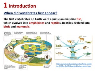 1Introduction
When did vertebrates first appear?
The first vertebrates on Earth were aquatic animals like fish,
which evolved into amphibians and reptiles. Reptiles evolved into
birds and mammals.
https://www.youtube.com/watch?time_contin
ue=175&v=OdhPIfOgwAo&feature=emb_logo
 