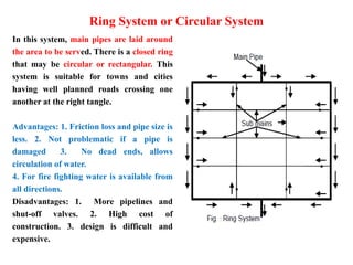 Ring System or Circular System
In this system, main pipes are laid around
the area to be served. There is a closed ring
that may be circular or rectangular. This
system is suitable for towns and cities
having well planned roads crossing one
another at the right tangle.
Advantages: 1. Friction loss and pipe size is
less. 2. Not problematic if a pipe is
damaged 3. No dead ends, allows
circulation of water.
4. For fire fighting water is available from
all directions.
Disadvantages: 1. More pipelines and
shut-off valves. 2. High cost of
construction. 3. design is difficult and
expensive.
 