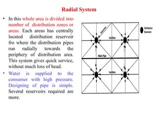 Radial System
• In this whole area is divided into
number of distribution zones or
areas. Each areas has centrally
located distribution reservoir
fro where the distribution pipes
run radially towards the
periphery of distribution area.
This system gives quick service,
without much loss of head.
• Water is supplied to the
consumer with high pressure.
Designing of pipe is simple.
Several reservoirs required are
more.
 