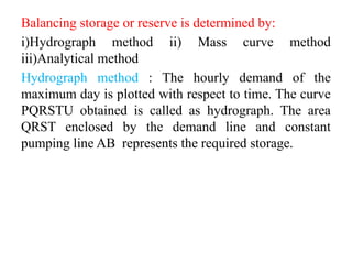 Balancing storage or reserve is determined by:
i)Hydrograph method ii) Mass curve method
iii)Analytical method
Hydrograph method : The hourly demand of the
maximum day is plotted with respect to time. The curve
PQRSTU obtained is called as hydrograph. The area
QRST enclosed by the demand line and constant
pumping line AB represents the required storage.
 