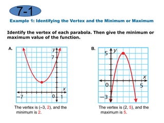 7-1The graph of a quadratic function is a curve called a parabola. To graph a quadratic function, generate enough ordered pairs to see the shape of the parabola. Then connect the points with a smooth curve. 