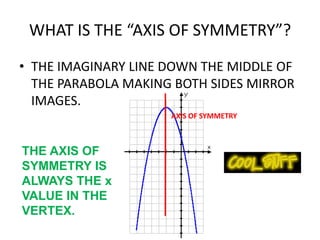 WHAT IS A “VERTEX”?THE VERTEX IS THE HIGHEST OR LOWEST POINT ON THE GRAPH.NOTE:  A POINT IS AN (x,y) COORDINATE.
