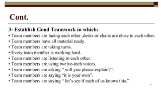 3- Establish Good Teamwork in which:
• Team members are facing each other ,desks or chairs are close to each other.
• Team members have all material ready.
• Team members are taking turns.
• Every team member is working hard.
• Team members are listening to each other.
• Team members are using twelve-inch voices.
• Team members are asking “ will you please explain?”.
• Team members are saying “it is your own”.
• Team members are saying “ let’s see if each of us knows this.”
18
Cont.
 